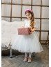 Elbow Sleeves Beaded Ivory Lace Tulle Flower Girl Dress